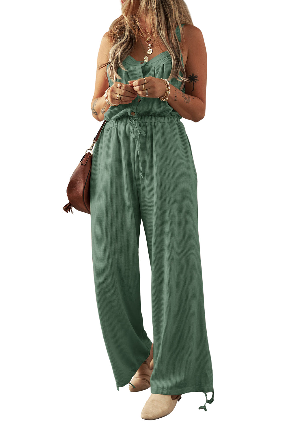 Pale Khaki Knotted Straps Button Textured Drawstring Jumpsuit