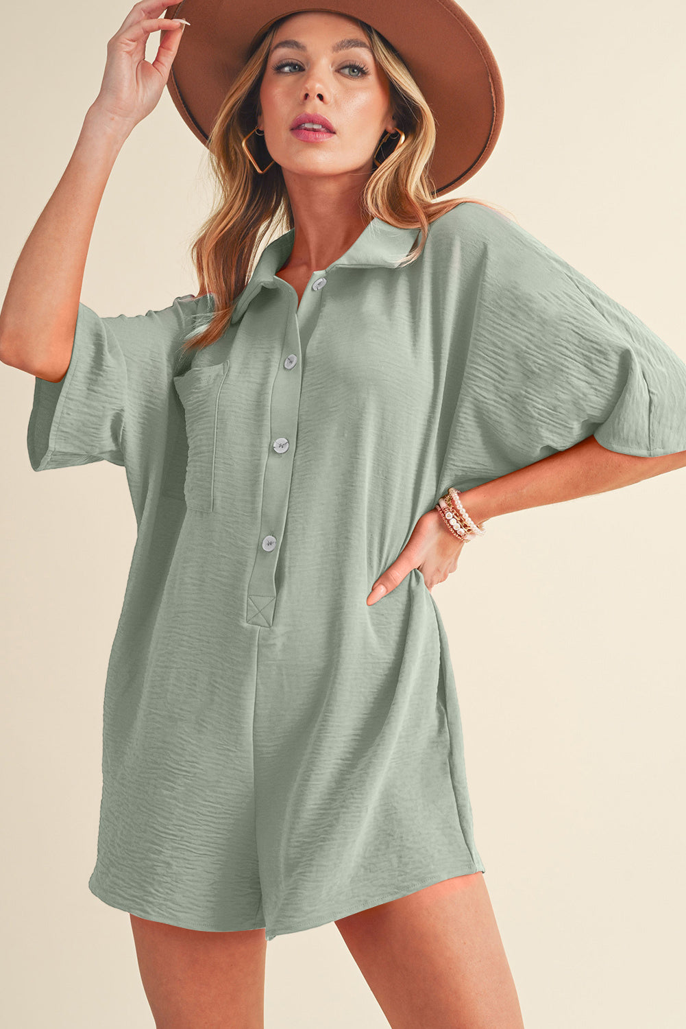 Spinach Green Plain Half Button Collared Pocket Loose Romper