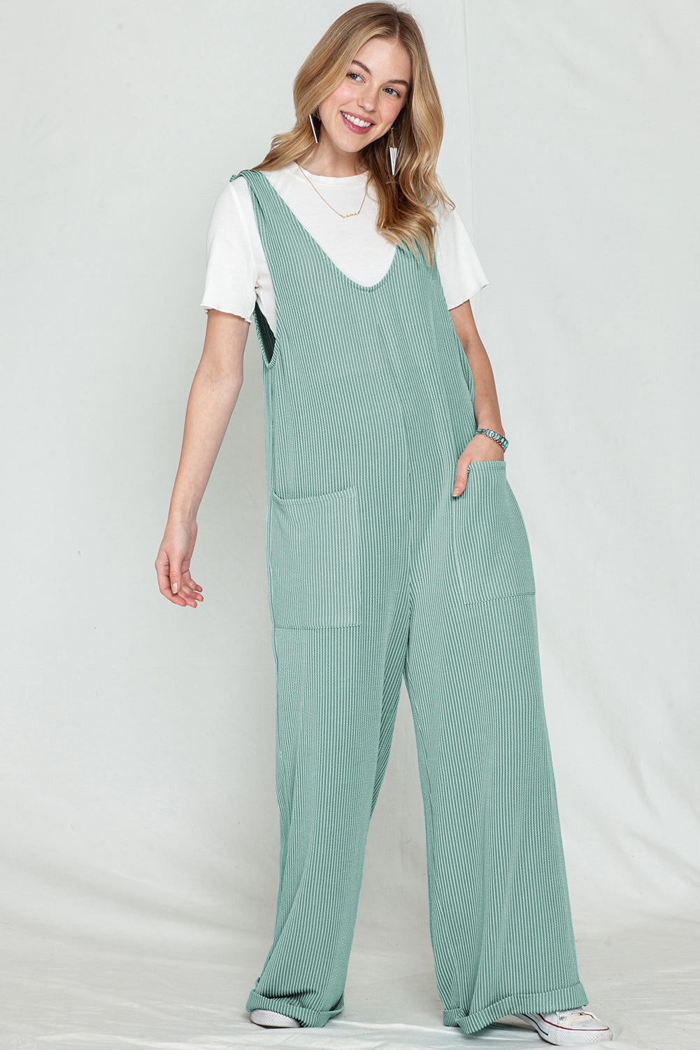 Dark Grey Pockets Oversized Ribbed Wide Leg Jumpsuit