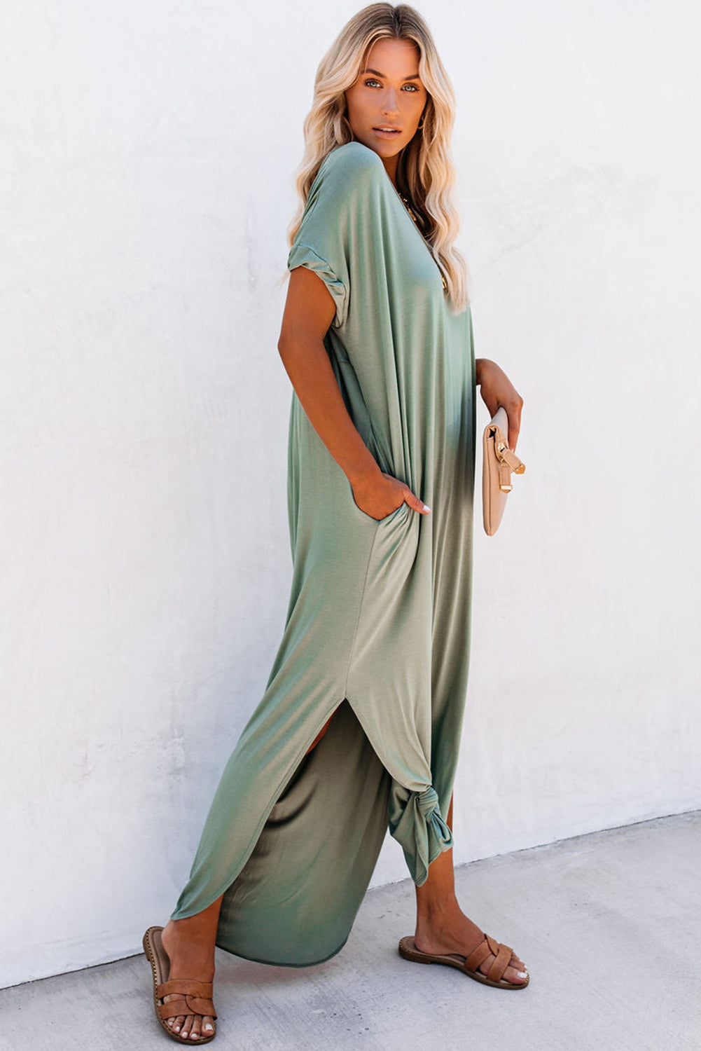 Pink Solid Color Hidden Pocket V Neck Slit Maxi Dress