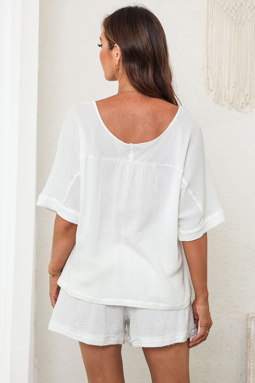 White Loose V Neck Blouse & Drawstring Raw Hem Shorts Set