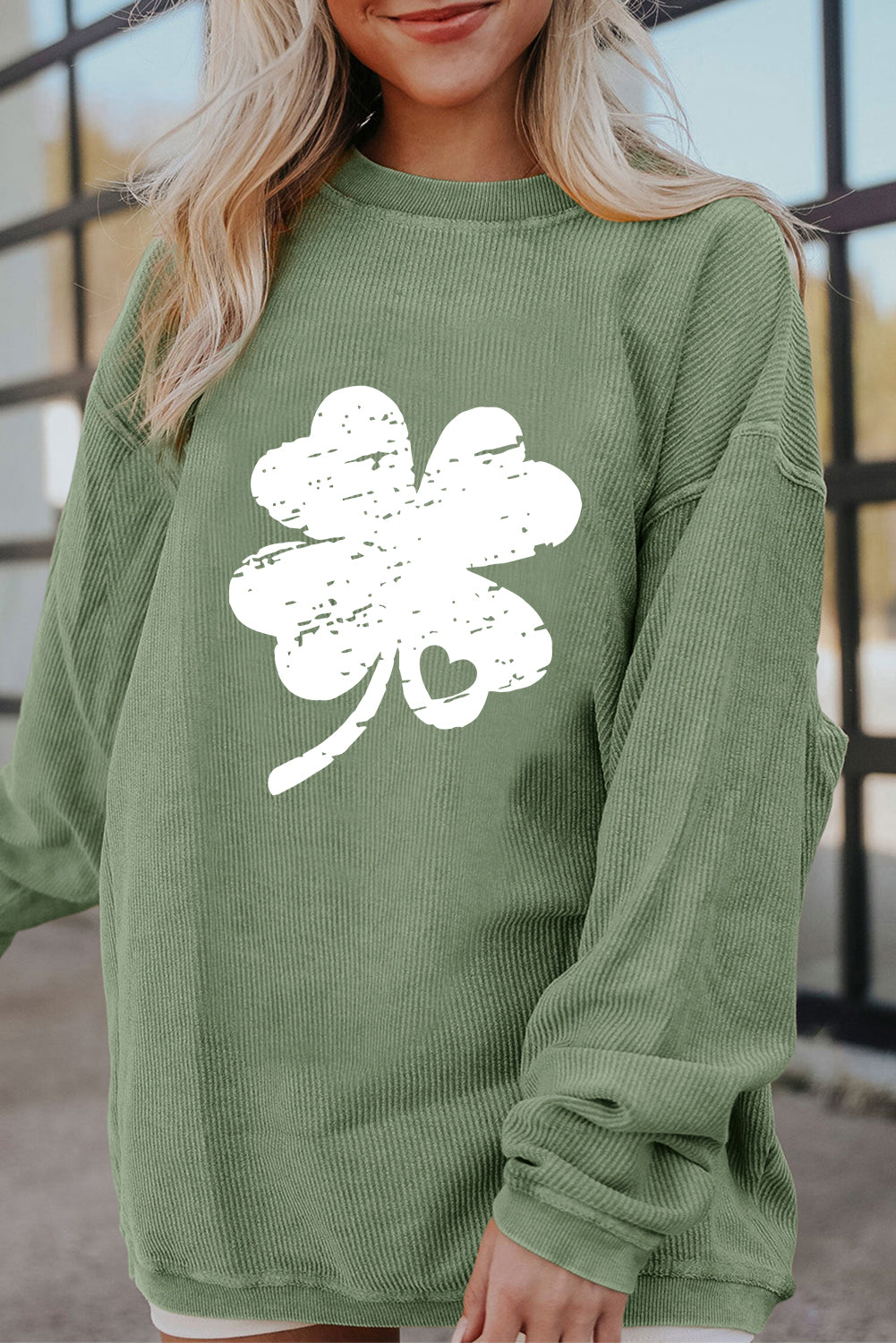 Grass Green St Patricks Corded Distressed Clover Graphic Sweatshirt