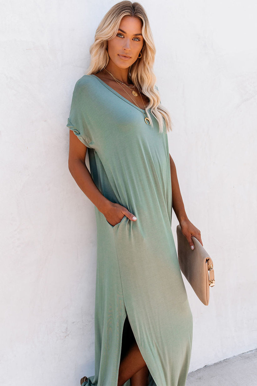 Pink Solid Color Hidden Pocket V Neck Slit Maxi Dress