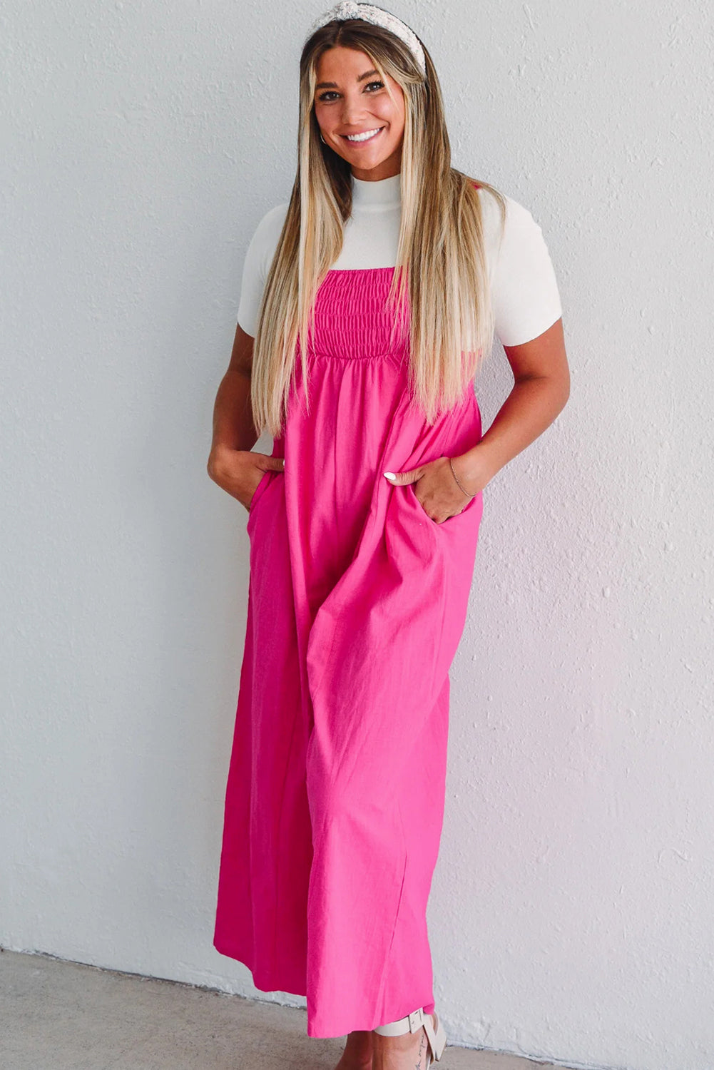 Strawberry Pink Smocked High Waist Wide Leg Overall