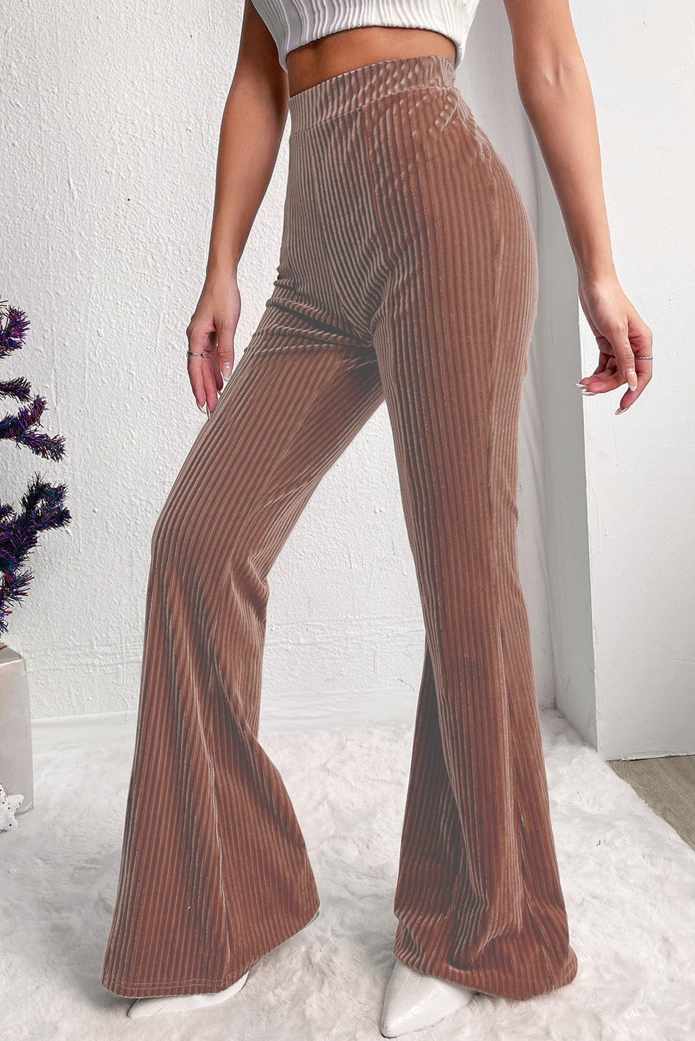 Chestnut Solid Color High Waist Corduroy Flare Pants