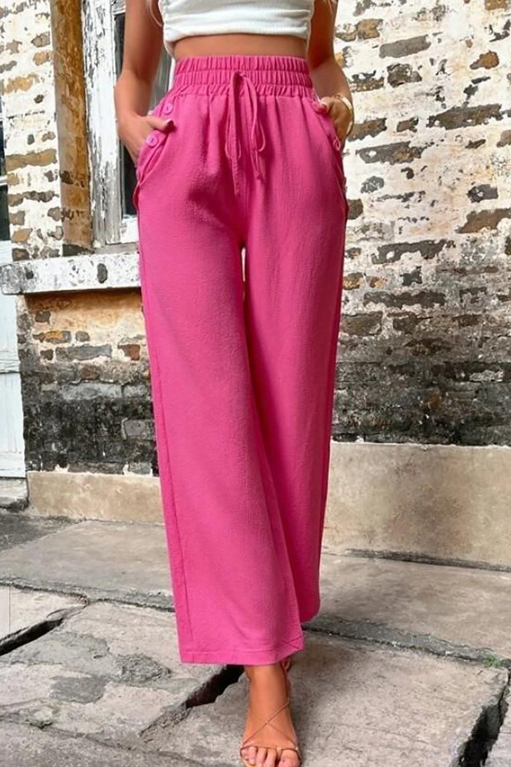 Rose Red Solid Color High Waisted Loose Pants