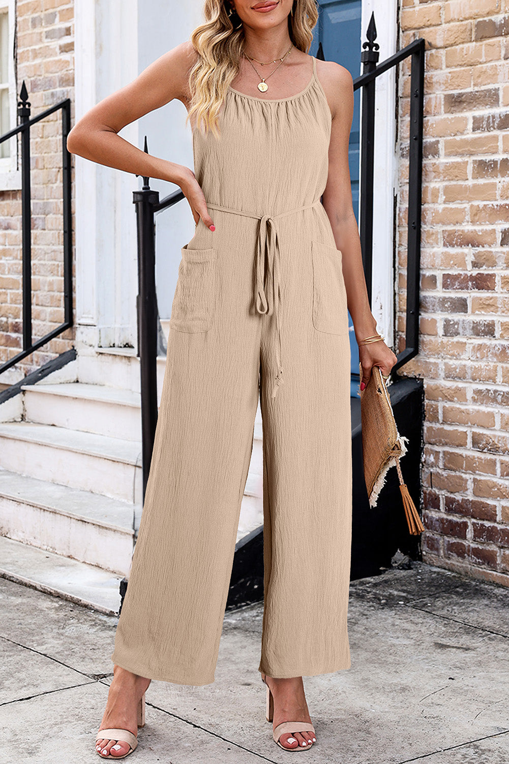 Apricot Spaghetti Straps Waist Tie Pocketed Wide Leg Jumpsuit