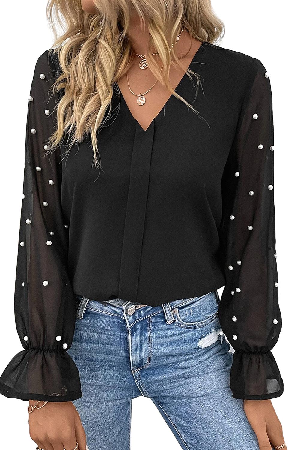 Black Pearl Mesh Sleeve Solid V Neck Blouse