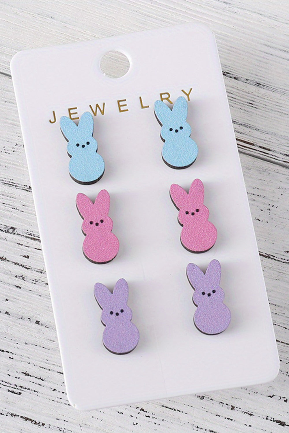 White Easter Bunny Doll Shape Wooden Stud Earrings