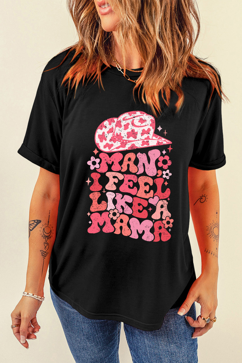 Black MAMA Letter Print Crewneck Graphic Tee