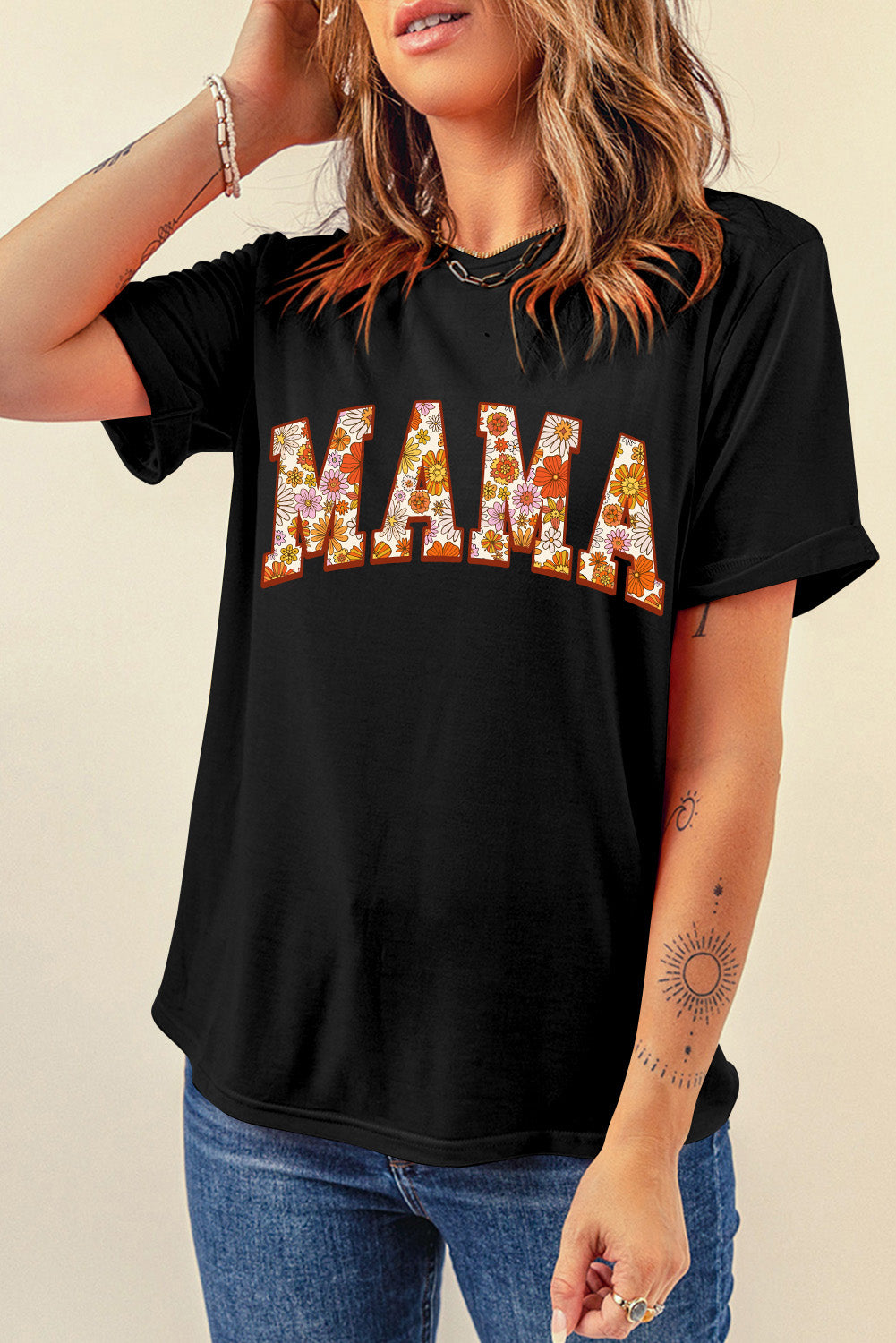 Black Flower Printed MAMA Letter Graphic T Shirt