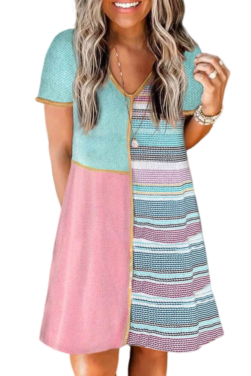 Multicolor Color Block Stripe Knit Patchwork A-line Dress