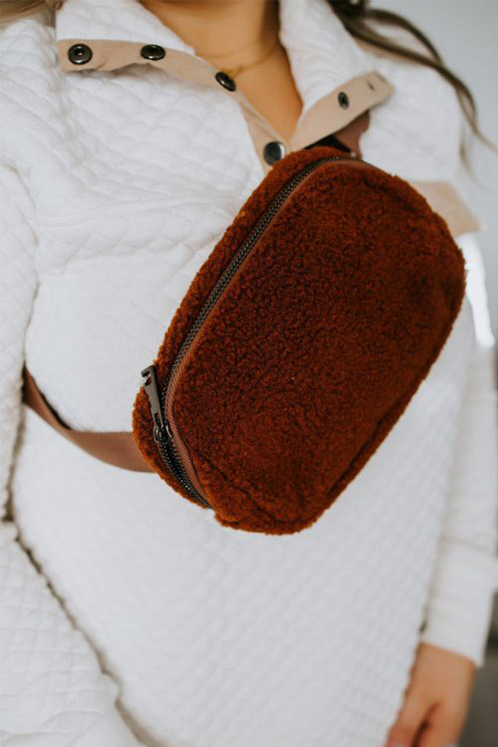 Brown Sherpa Adjustable Strap Crossbody Bag