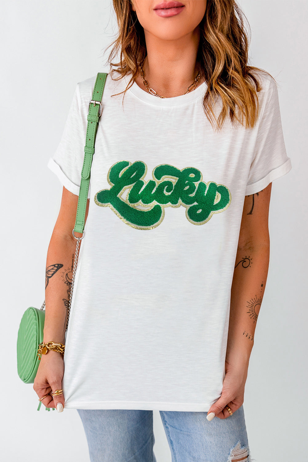 White St Patrick Lucky Chenille Glitter Patched Graphic T Shirt