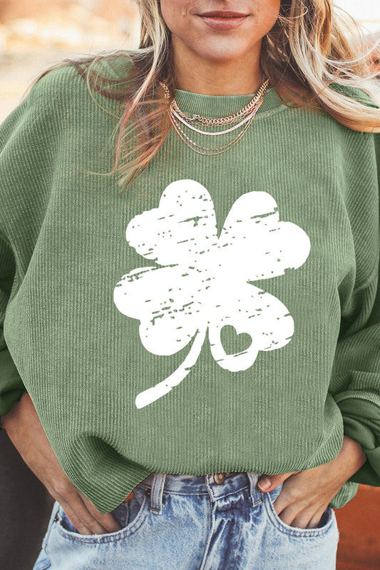 Grass Green St Patricks Corded Distressed Clover Graphic Sweatshirt