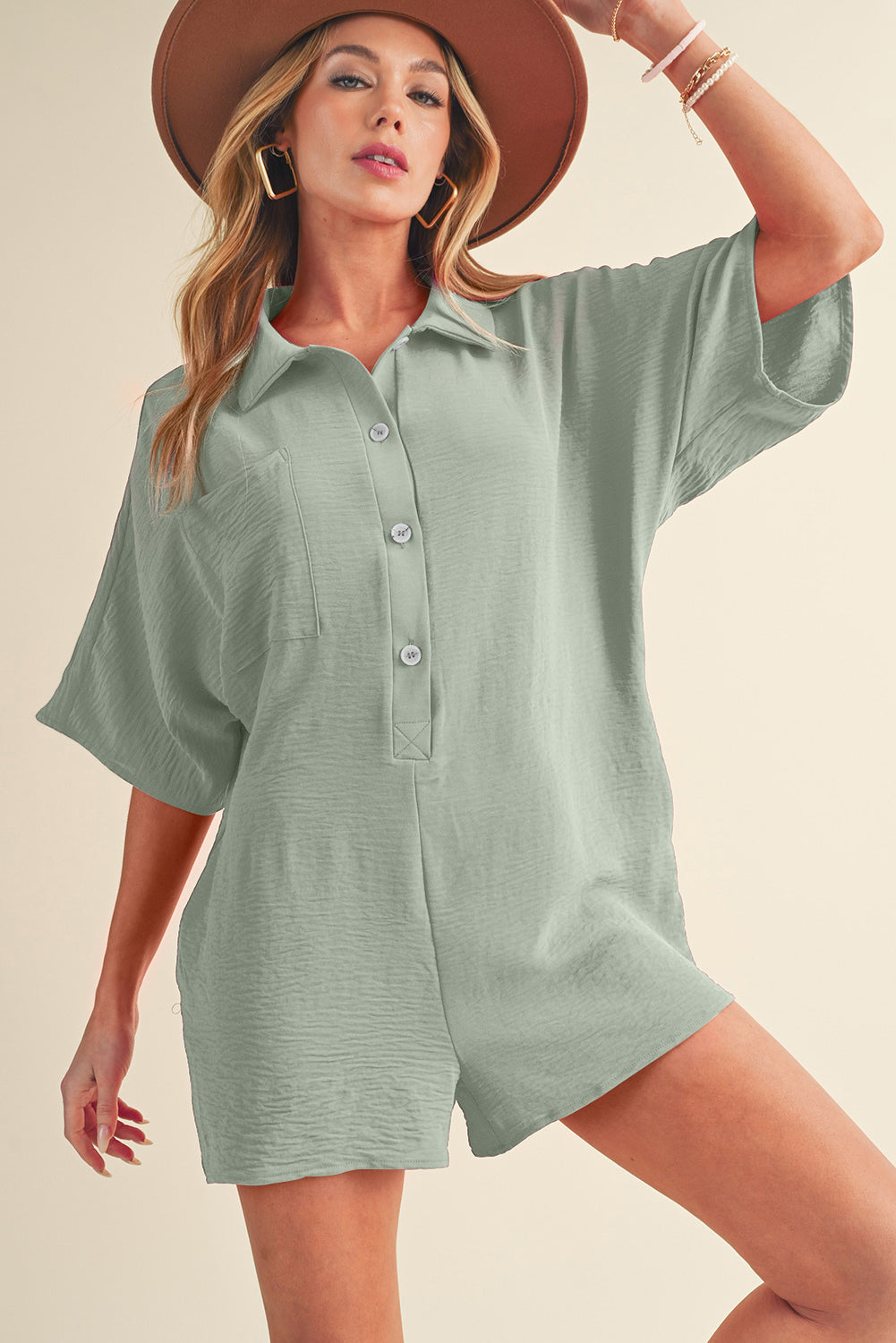 Spinach Green Plain Half Button Collared Pocket Loose Romper