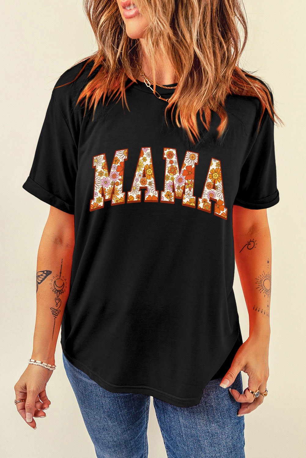 Black Flower Printed MAMA Letter Graphic T Shirt