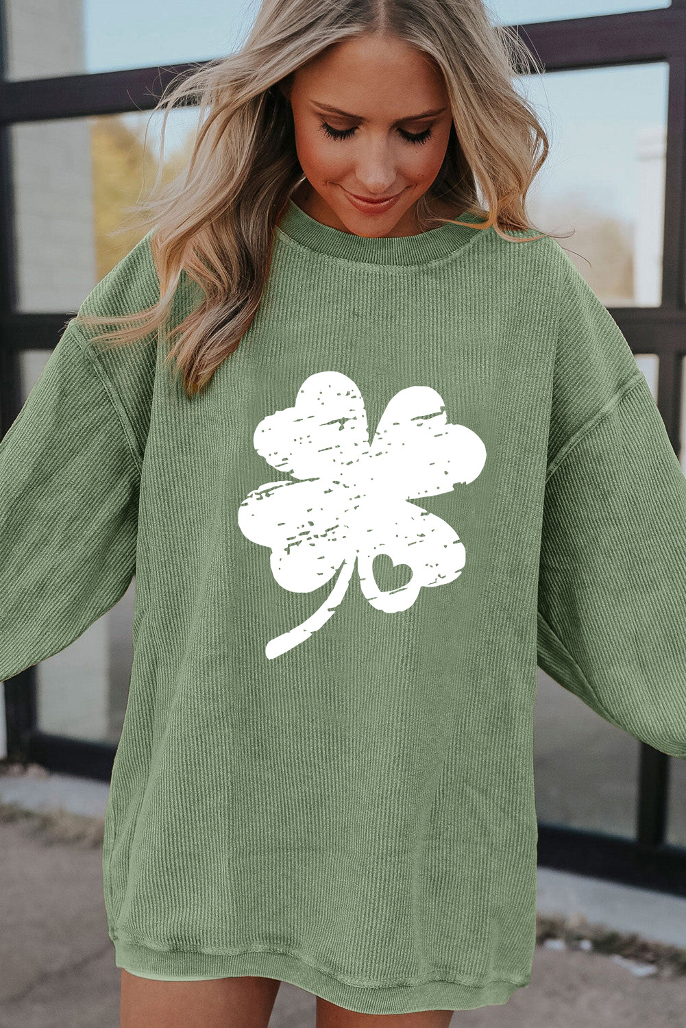 Grass Green St Patricks Corded Distressed Clover Graphic Sweatshirt