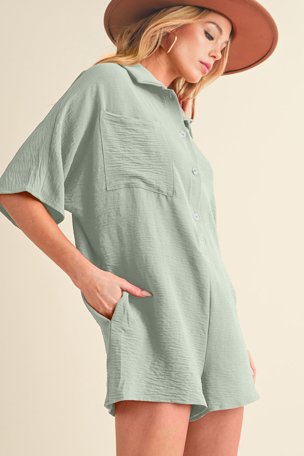 Spinach Green Plain Half Button Collared Pocket Loose Romper