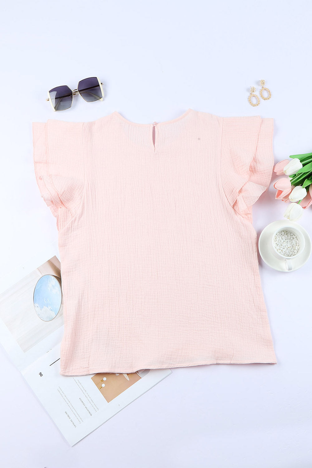 Pink Textured Tiered Ruffle Casual Short Sleeve Top