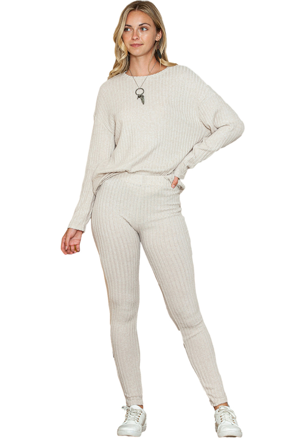 Apricot Ribbed Knit Loose Long Sleeve Top Skinny Pants Set