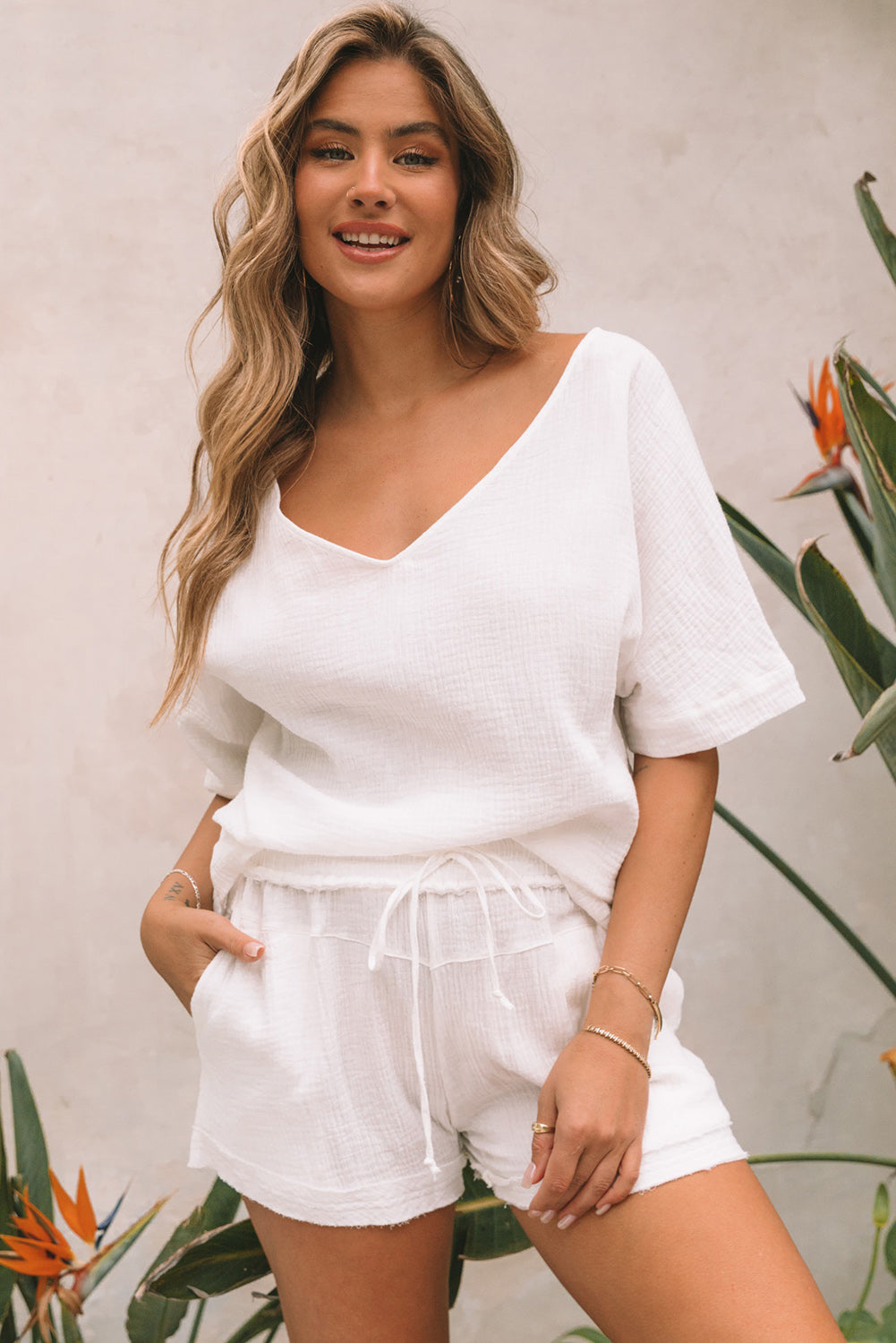 White Loose V Neck Blouse & Drawstring Raw Hem Shorts Set