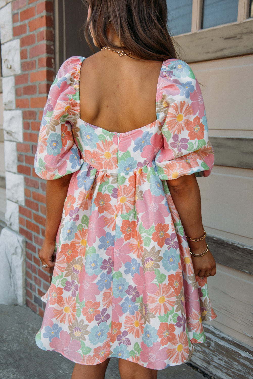 Pink Summer Floral Square Neck Puff Sleeve Babydoll Dress