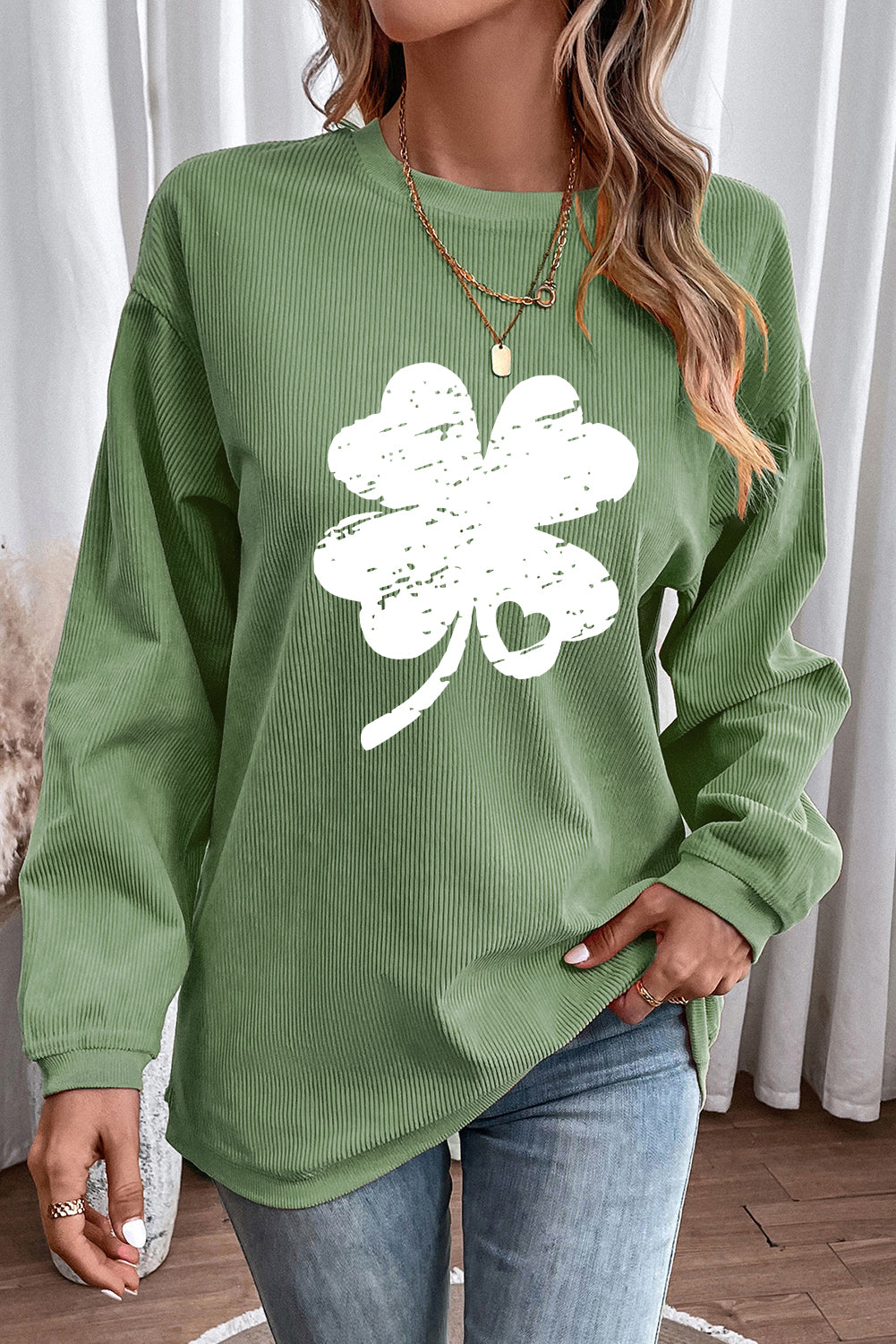 Grass Green St Patricks Corded Distressed Clover Graphic Sweatshirt