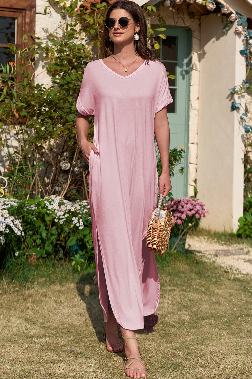 Pink Solid Color Hidden Pocket V Neck Slit Maxi Dress