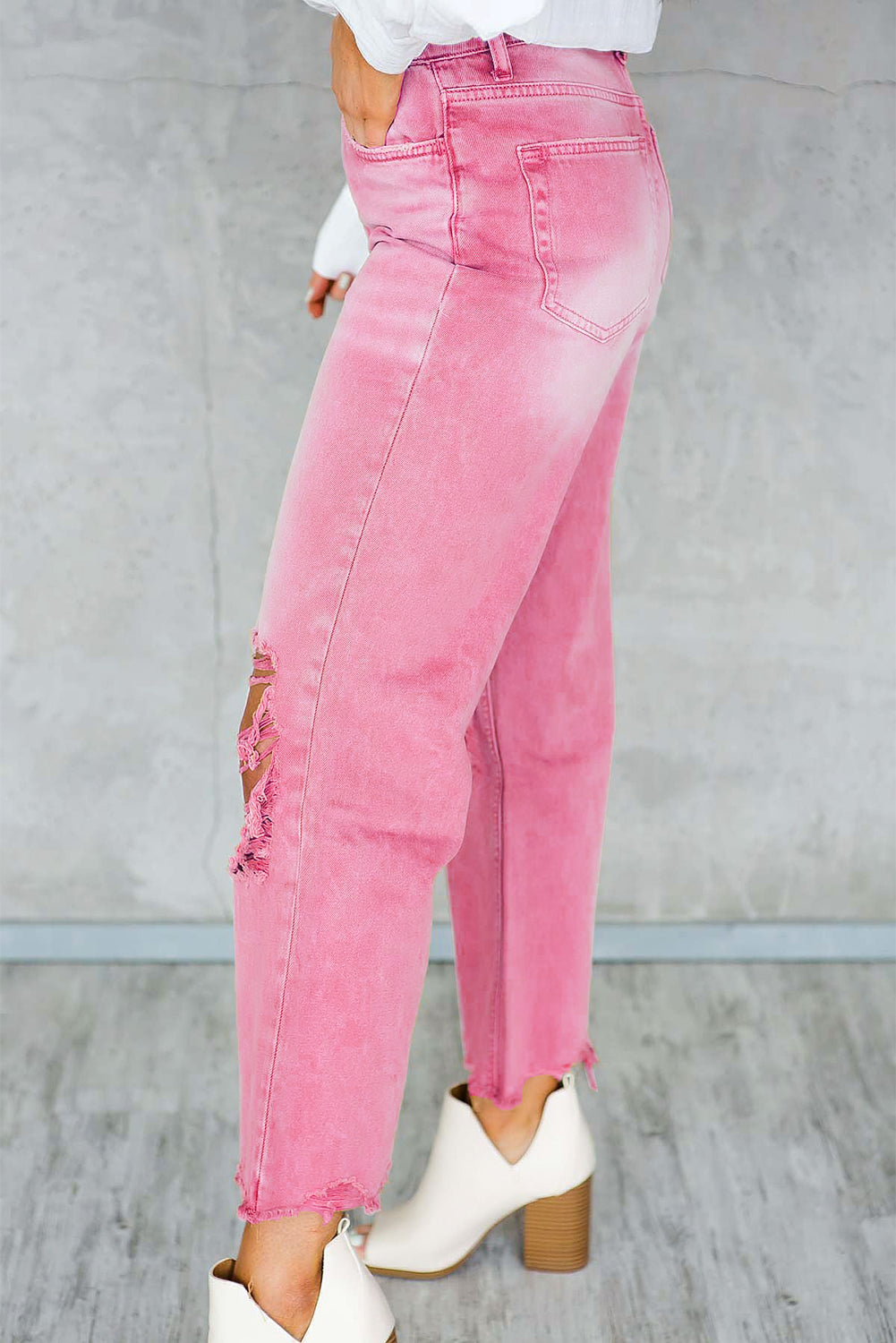 Pink Distressed Ripped Raw Hem High Waist Flare Jeans